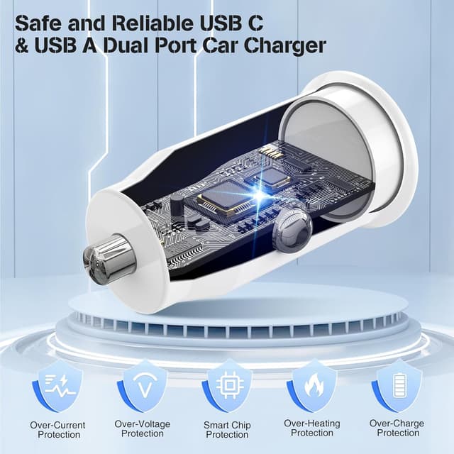 Detalle 2 de USB-C & USB-A 40W Dual Port Car Charger with Cables for iPhone 17/16/15 Pro Max, iPad, Samsung & More