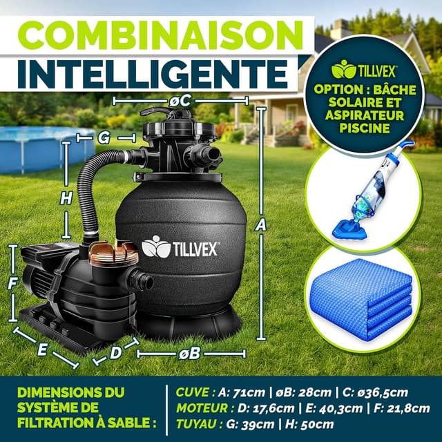 Detalle de Système de filtration à sable tillvex® 13 200 L/h avec vanne 7 voies, indicateur de pression et boules filtrantes