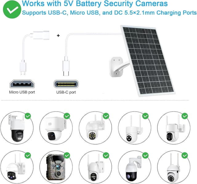 Detalle 2 de FUTUREZEN 13W Solar Panel for Security Cameras & Trail Cameras (USB-C, Micro USB, 5.5x2.1mm DC) with IP66 Weather Protection