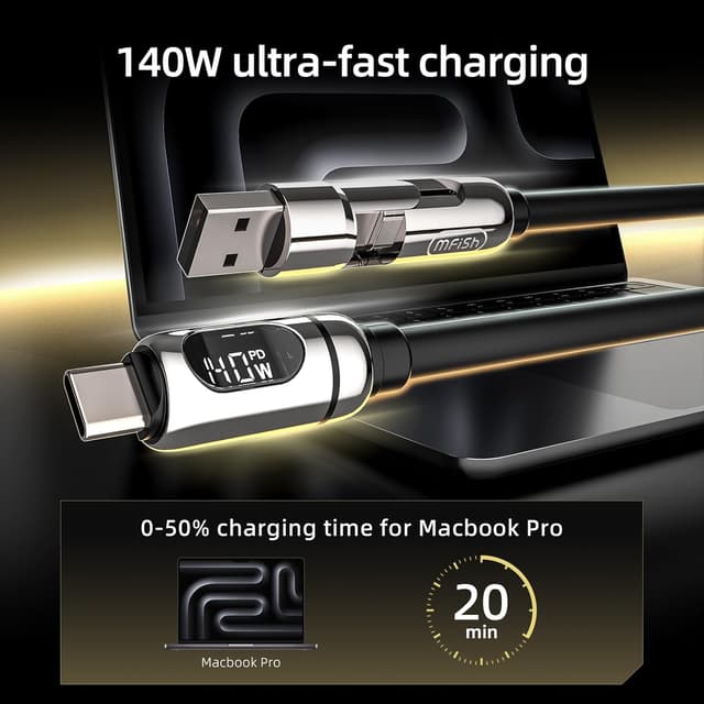 Detalle 2 de MFish 140W Smart 2-in-1 USB-C Charging Cable with LED Power Display (PD 3.1, Split Charging)