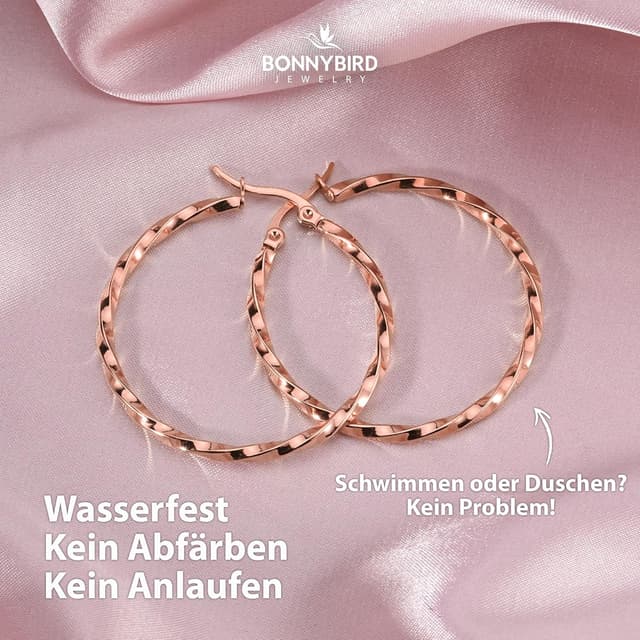 Detalle de BONNYBIRD BonnyFly wasserfeste Edelstahl Creolen (40 mm) in Silber, Gold & Roségold