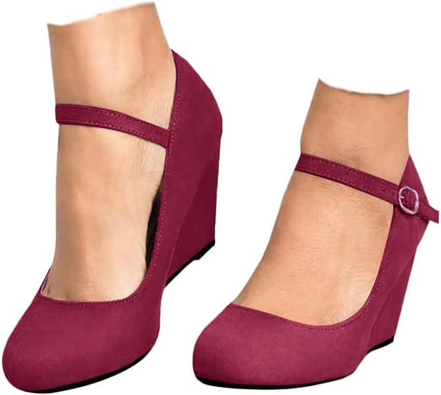 Detalle de Coutgo Women’s Wedge Pumps Mary Jane Heeled Shoes with Ankle Strap (Closed Toe)