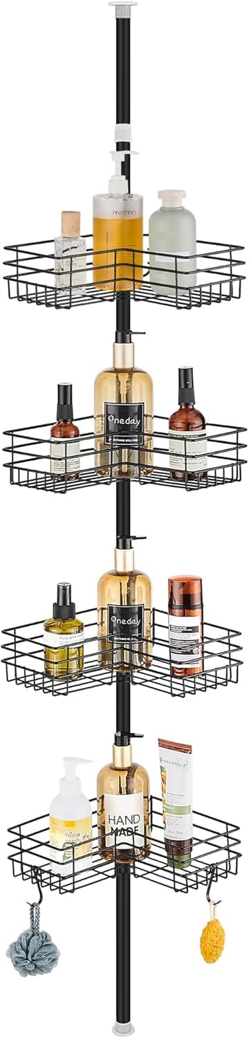 Detalle de FIISAYL étagère de douche télescopique sans perçage en acier inoxydable (4 plateaux) réglable 85–325 cm – Noir