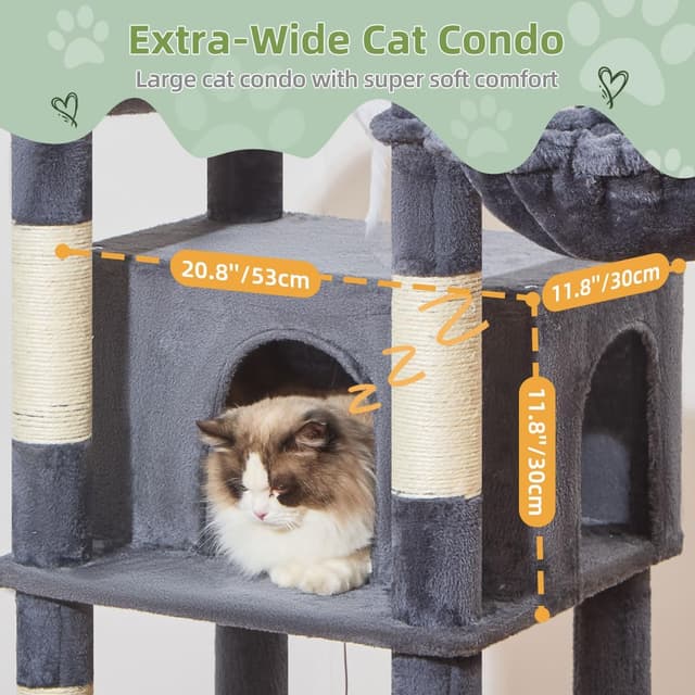 Detalle 2 de Taoqimiao 180cm Large Cat Tree (MS034G) with 9 Scratching Posts, Hammock & Wide Condo