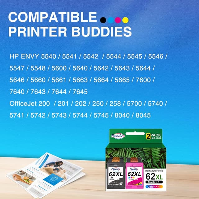 Detalle 2 de Paeolos 62XL Ink Cartridges Combo Pack (Black & Colour) – 2-Pack for HP 62XL compatible printers