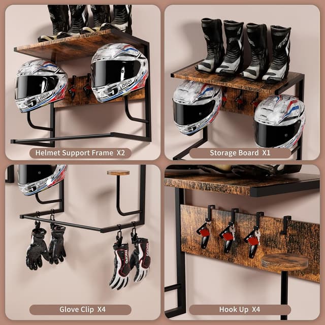 Detalle de OMISRUIS Motorcycle Helmet Holder Wall Mounted with Iron & Wood Rack, 4 Glove Clips and 4 Hooks