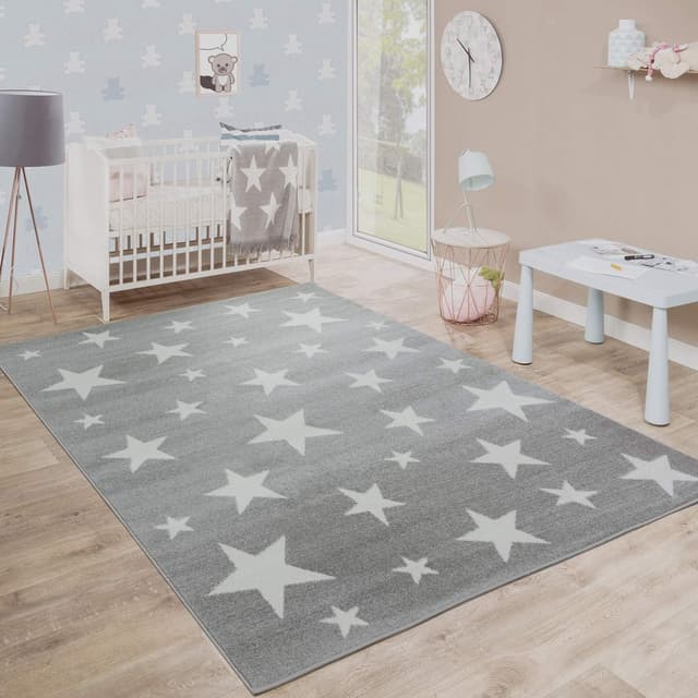 Detalle de Tapis d’enfant Paco Home rond étoiles gris et rose — 200 cm, 100% polypropylène