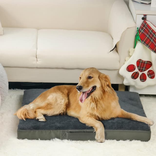 Detalle 1 de Nepfaivy Dog Bed – Large 90×60×7.5cm, Washable Waterproof Orthopedic Mattress with Removable Plush Covers, Dark Grey