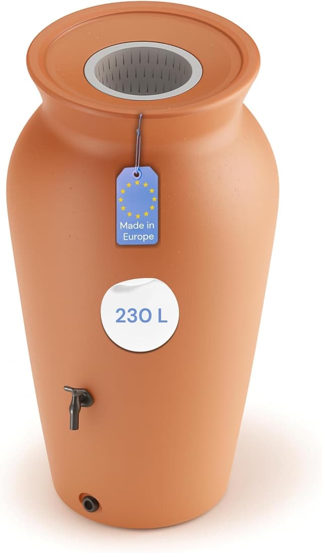 Detalle de YourCasa Regentonne 230 l „DropCatcher“ mit Filterkorb & Wasserhahn, frostsicherer Kunststoff (Terracotta)