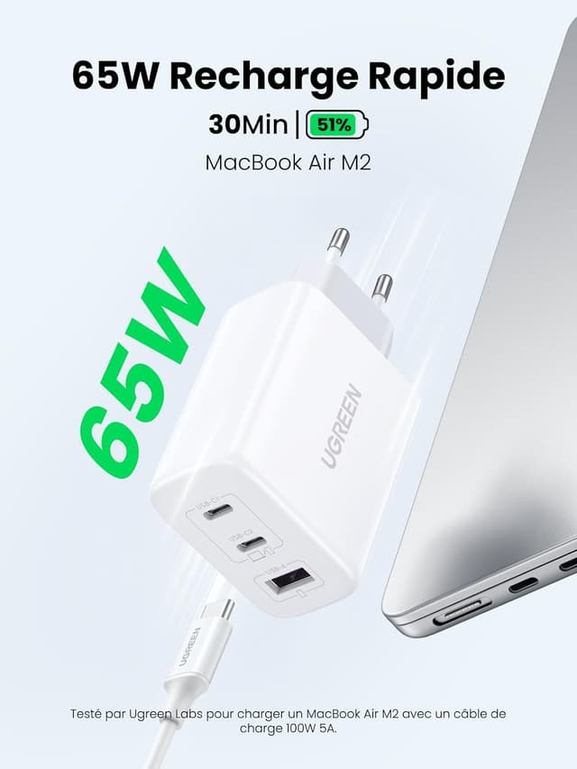 Thumbnail 1 de UGREEN Zapix 65W Chargeur USB C GaN 3 ports