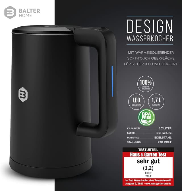 Detalle de Balter Wasserkocher Edelstahl WK-4 (1,7 Liter) mit Doppelwand, LED & Sicherheitsfunktionen – kompakter Teekocher in Schwarz