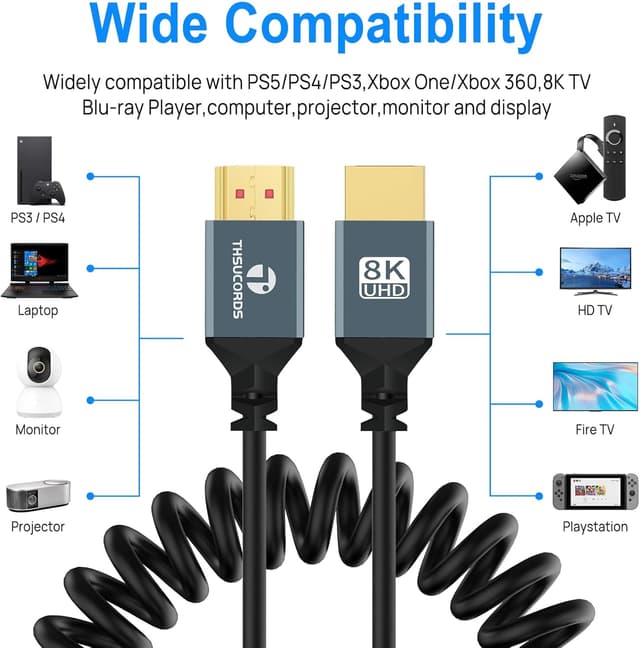Detalle de Thsucords HDMI 2.1 Spiral-Kabel 8K mit 48 Gbps (1 m) – ultradünn, für PS5, Xbox & TV