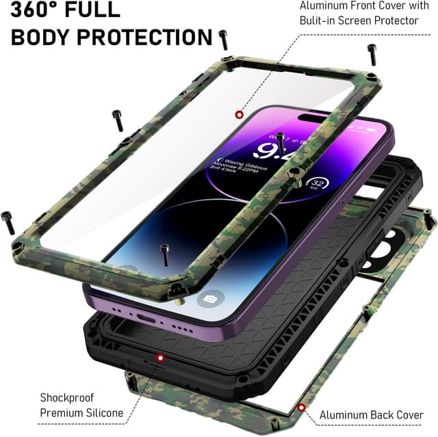 Detalle 1 de Beeasy iPhone 14 Pro Max Waterproof Heavy Duty Case with 360° Protection and Built-in Screen Protector (Camo)