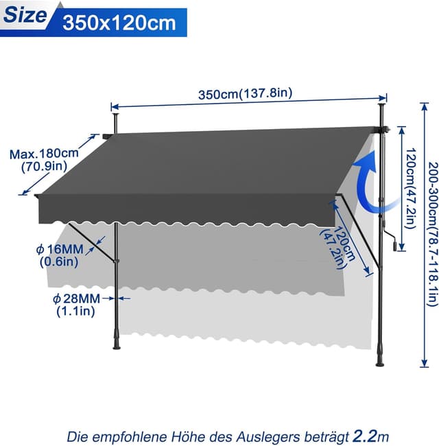 Detalle 2 de UISEBRT Klemmmarkise mit Kurbel – balkon- und terrassentauglicher Sonnenschutz ohne Bohren (3,50 x 1,20 m, Dunkelgrau)