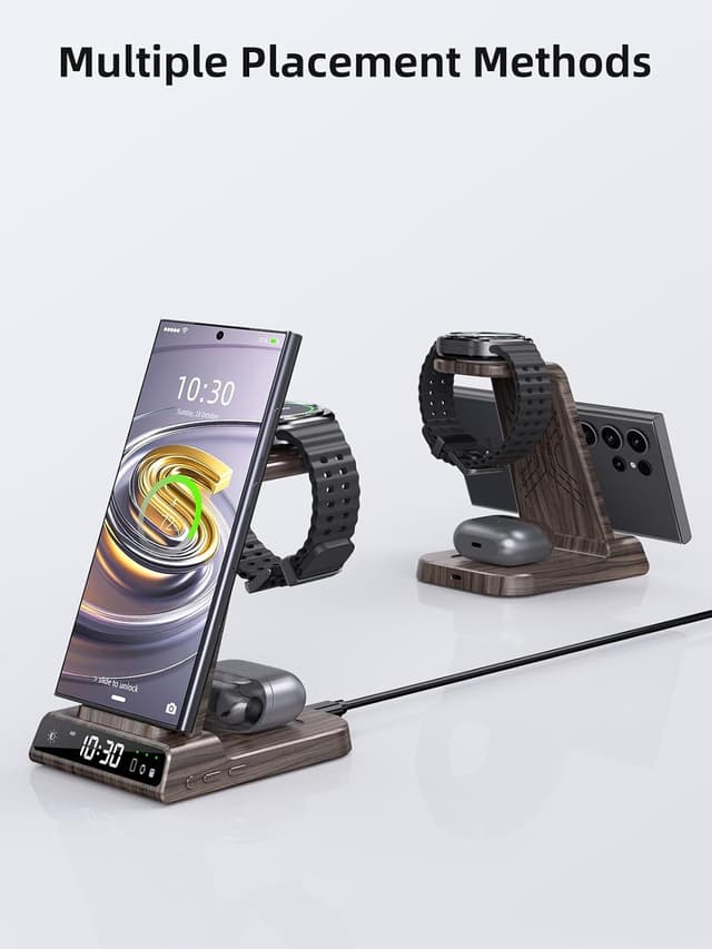 Detalle de Station de charge induction 3 en 1 Samsung (S25 Ultra, Galaxy Watch, Galaxy Buds 2) avec horloge digitale