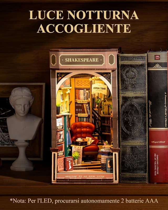 Detalle 2 de Rolife Book Store Kit Book Nook (TGB07) – diorama da scrivania in legno con luce LED e interruttore tattile