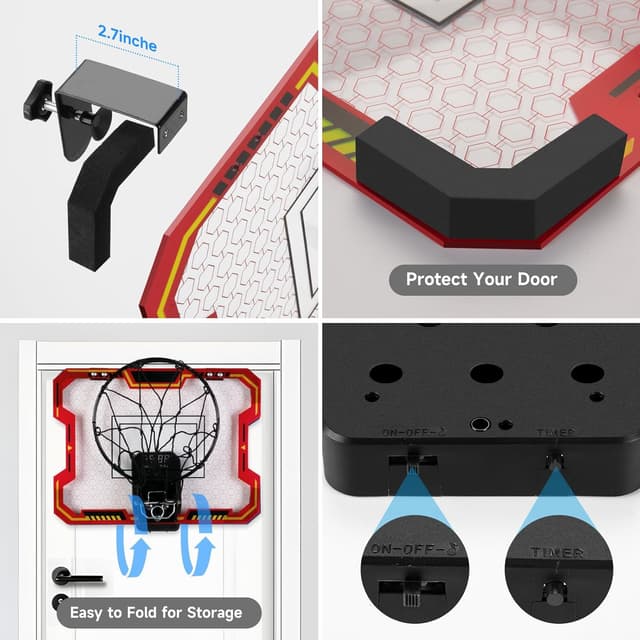 Detalle de Indoor Basketball Hoop for Kids (Ages 4–12) — Over-the-Door Mini Hoop With Electronic Scoring, Countdown & Music