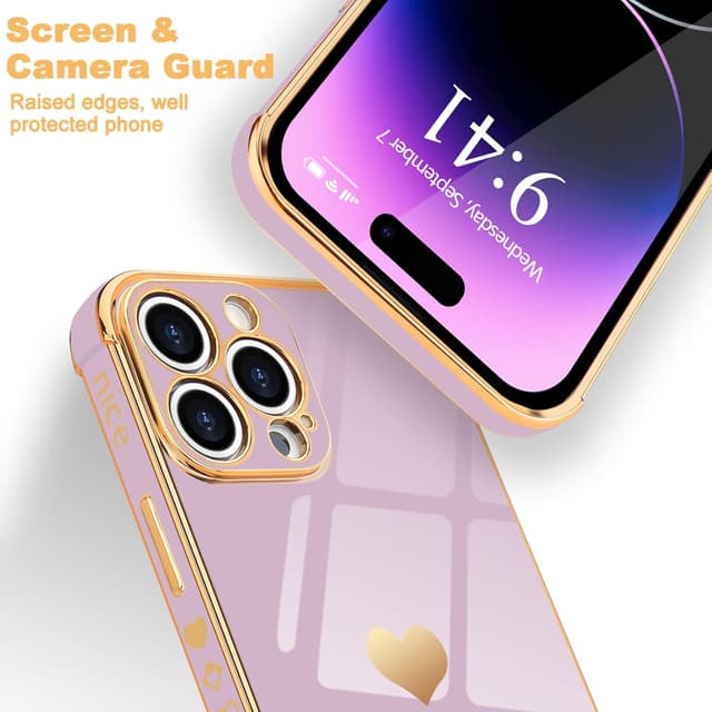 Detalle de Urarssa iPhone 14 Pro case in purple with bling heart design and shockproof bumper