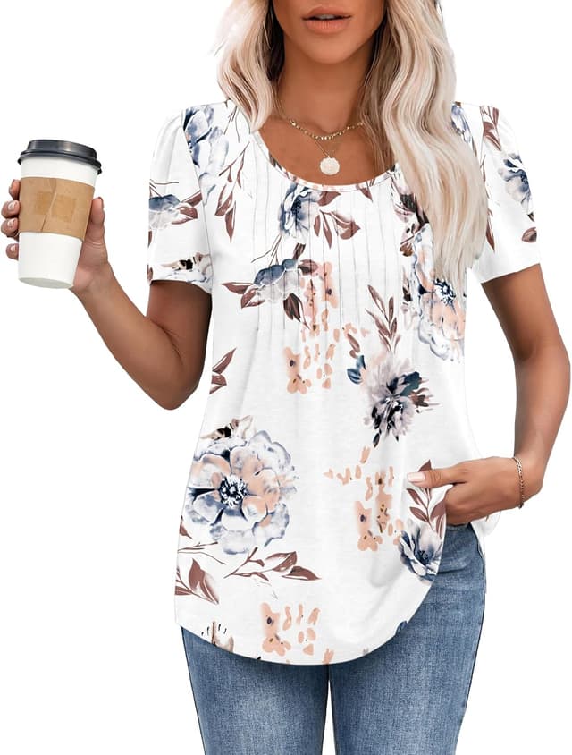 Detalle de MOLERANI women’s round neck loose puff sleeve puff short sleeve pleated front summer T-shirt