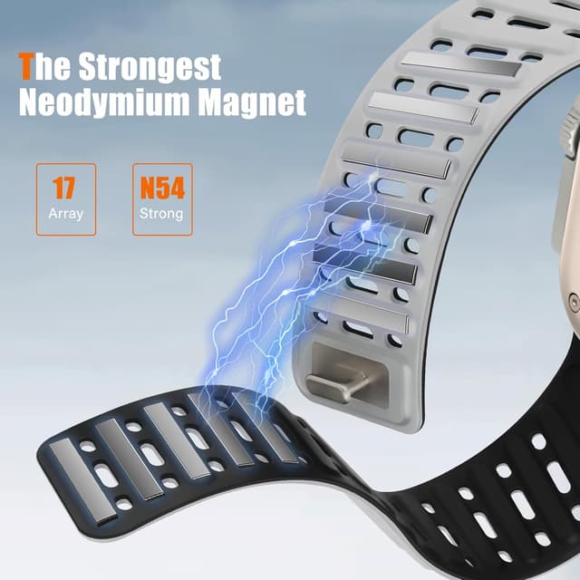 Detalle de Tasikar Clip Magnetic Straps for Apple Watch – Grey-Black silicone waterproof breathable band (fits 42–49mm)