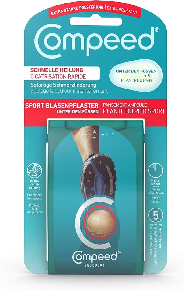 Detalle de Compeed Sport Blasenpflaster für die Nutzung unter den Füßen (Hydrokolloid), 4,0 x 6,6 cm, 5 Stück