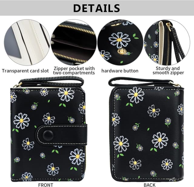 Detalle 2 de Farcauo mini porte-monnaie pour femme : petit portefeuille multifonctions noir à motif fleurs