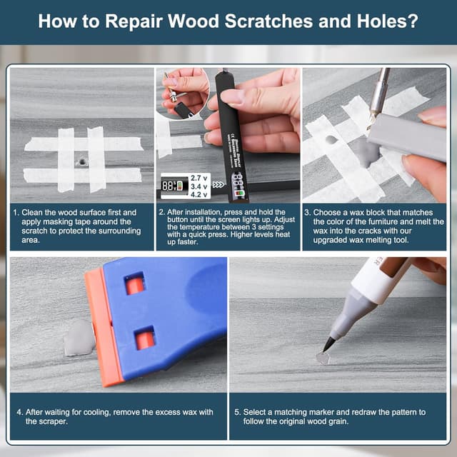 Detalle de Set di riparazione per pavimenti in vinile, laminato e parquet grigio con 11 blocchi di cera e penna termica USB