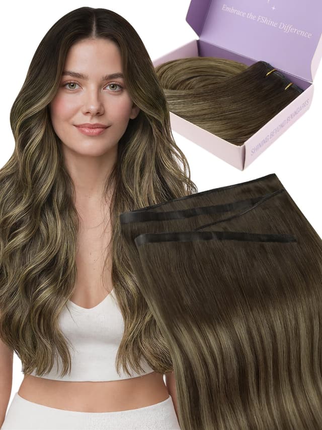 Detalle de Fshine Extensions Echthaar Tressen Mittelbraun mit Hellblonden (55 cm, 50 g) – Butterfly-Weft für schmerzfreie Installation