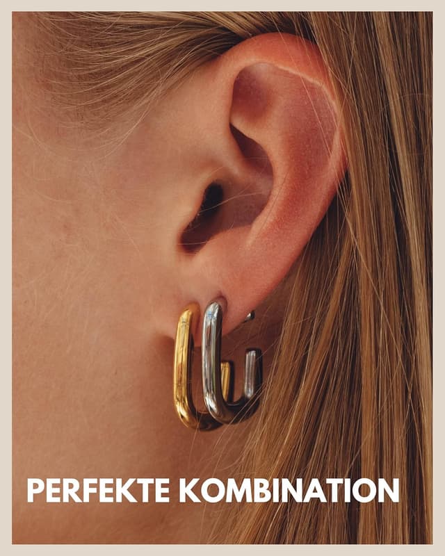 Detalle de GD GOOD.designs Creolen eckig aus Edelstahl für Damen – wasserfest, in 18K Gold oder Silber, im Geschenkset