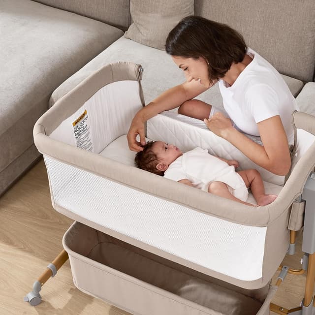 Detalle de 3 in 1 Baby Bassinet (Rocking + Bedside Sleeper) with 6-Height Adjustment, Breathable Mesh & Storage Basket