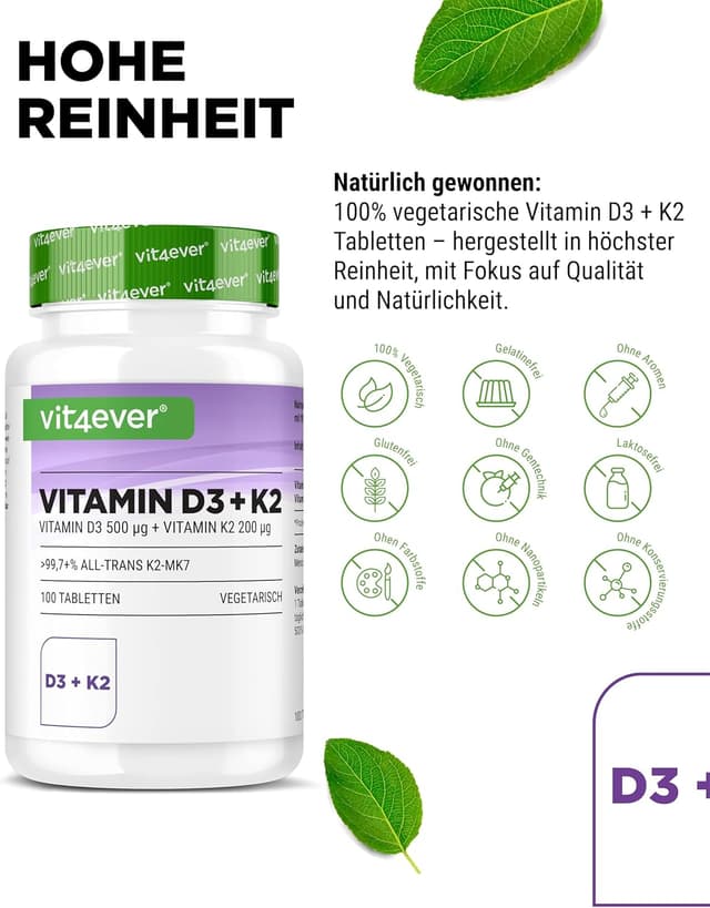 Thumbnail 3 de vit4ever Vitamin D3 20.000 I.E + Vitamin K2 200 µg MK7 Depot 100 Tabletten