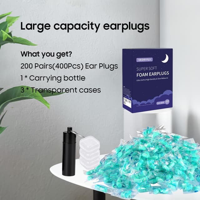 Detalle 2 de VeoryFly 200 Pairs Foam Ear Plugs (38dB SNR) with Travel Case
