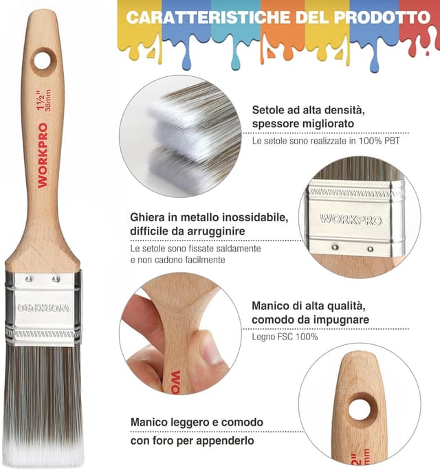 Thumbnail 4 de WORKPRO Set di 4 Pennelli per Pittura professionali 25/38 mm