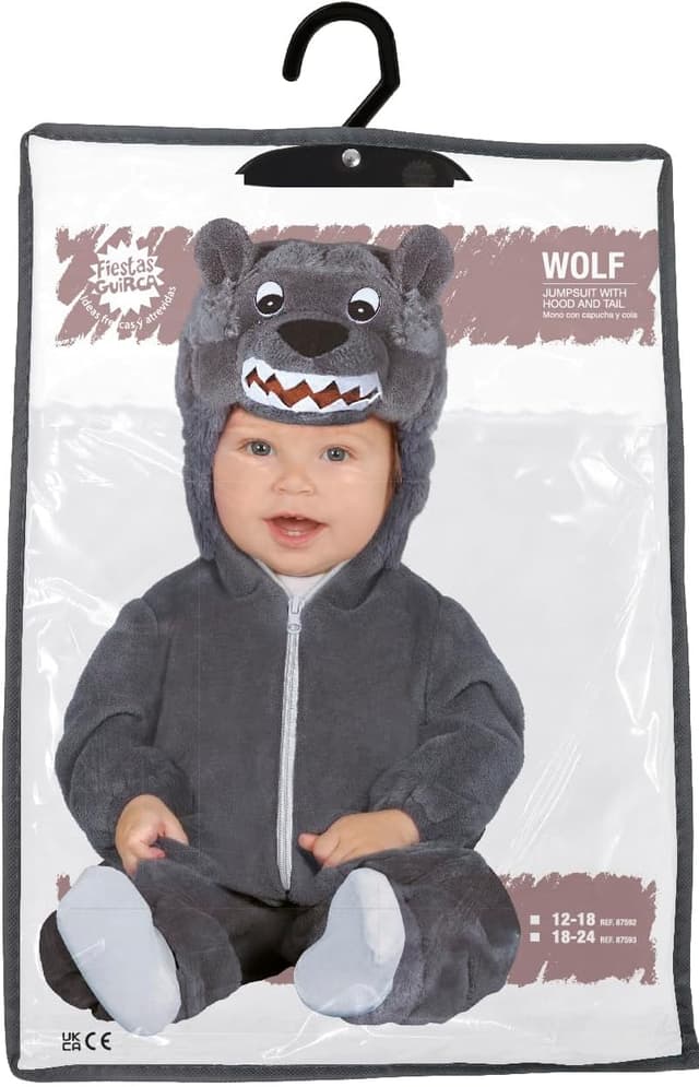 Detalle 2 de FIESTAS Guirca Wolf Baby Kostüm (18–24 Monate) mit Kapuze, Schwanz und Overall in Grau