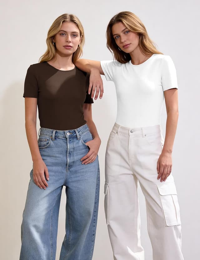 Detalle de Aottori Damen T-Shirt Rundhals – geripptes Basic Slim Fit mit Stretch für Sommer & Alltag