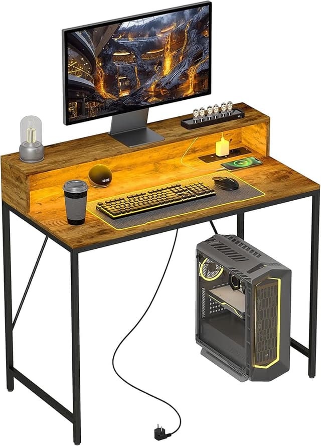 Detalle de HOMCOM Escritorio Industrial con Luces LED y Tomas de Corriente🖥