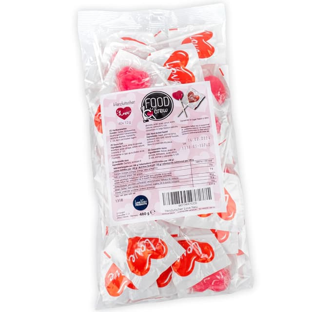 Detalle de FOOD crew 40 Herzlollies – große Herz-Piruletas am Stück, einzeln verpackt für Candy Bar & Events