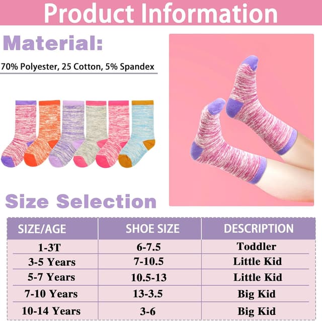 Detalle de Girls’ Cotton Trainer Socks (6 Pairs) – Soft Mid-Calf Sports Socks for Kids 1–13 Years