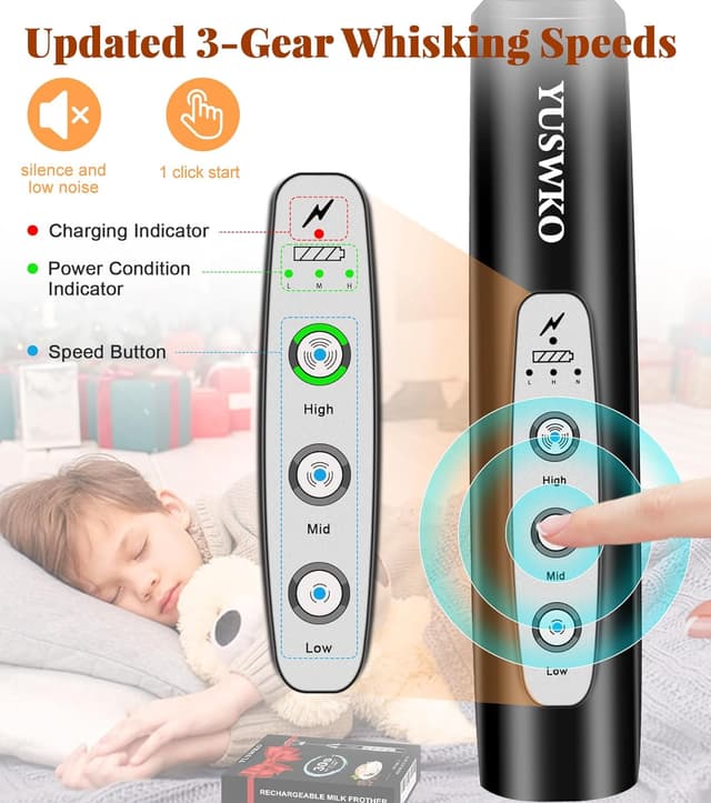 Detalle 2 de YUSWKO Milk Frother 3-Speed Handheld