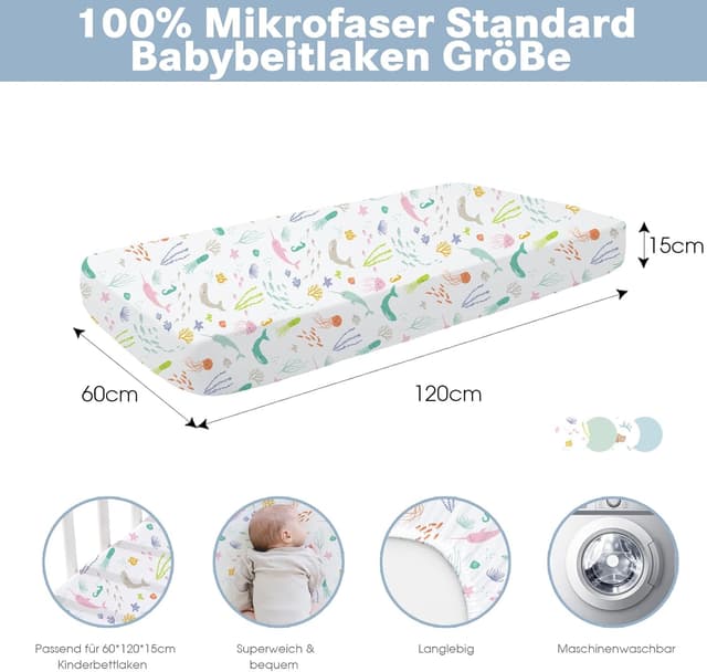 Detalle 2 de Little Grape Land Spannbettlaken für Baby-/Kinderbett 60x120 cm (4er Set) – atmungsaktive Mikrofaser, OEKO-TEX, Meereswelt/Muschel