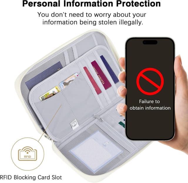 Thumbnail 2 de MoKo Family Passport Holder Travel Wallet (for 4/5 passports) with RFID blocking, wrist strap and storage for tickets, cards & cash – Beige