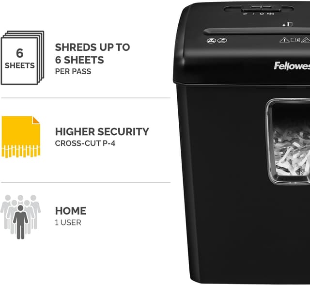 Detalle de Fellowes Powershred FS-6C 6 Sheet Cross Cut Paper Shredder (DIN P-4, 15 Litre Bin) – Black