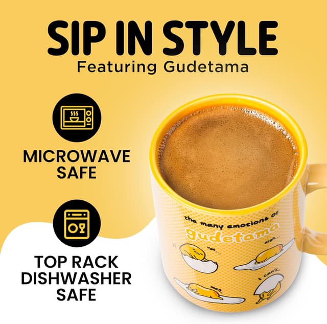 Detalle de Silver Buffalo Sanrio Gudetama “The Many Emotions of Gudetama” Ceramic Mug (20 Ounces)