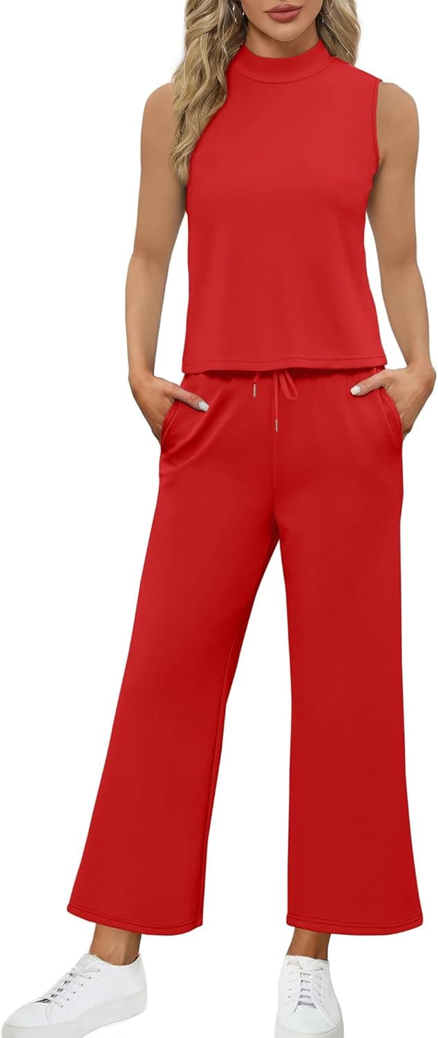 Detalle de SAMPEEL Two-Piece Lounge Set for Women: Mock Neck Sleeveless Top + Wide-Leg Crop Pants