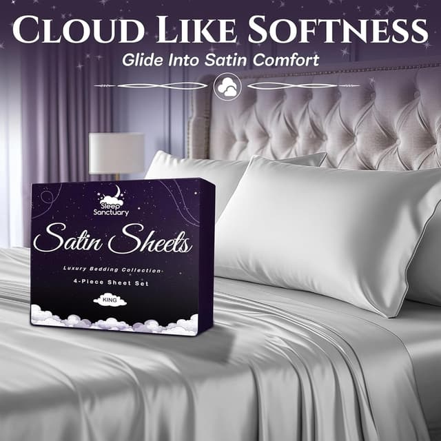 Detalle de SLEEP SANCTUARY Satin Sheets Queen Size (4-Piece) – Cooling, Wrinkle-Free, Moisture-Wicking Bed Set in White