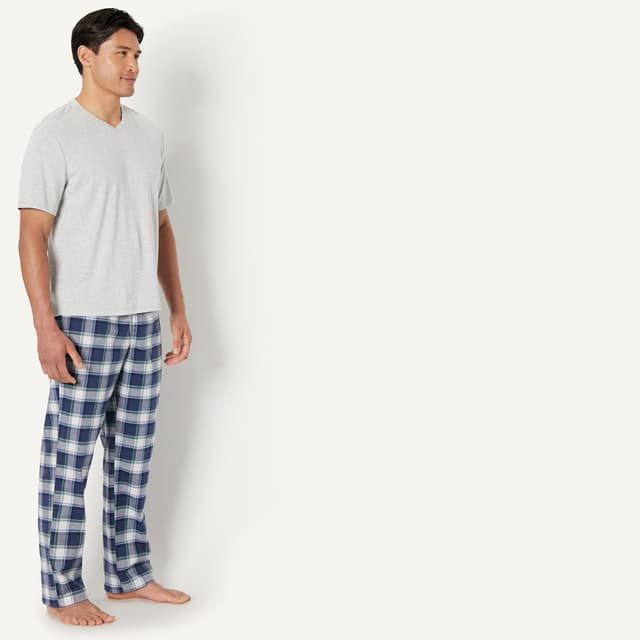 Detalle de Amazon Essentials Herren Pyjama-Set aus Baumwoll-Stretch-Popeline mit T-Shirt aus Baumwoll-Jersey