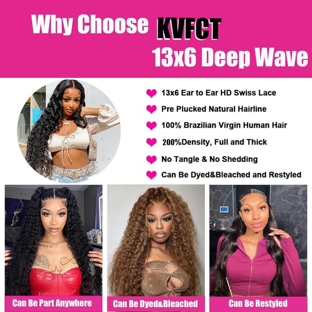 Detalle 2 de KVFCT 30 Inch Deep Wave Lace Front Wig 💇♀