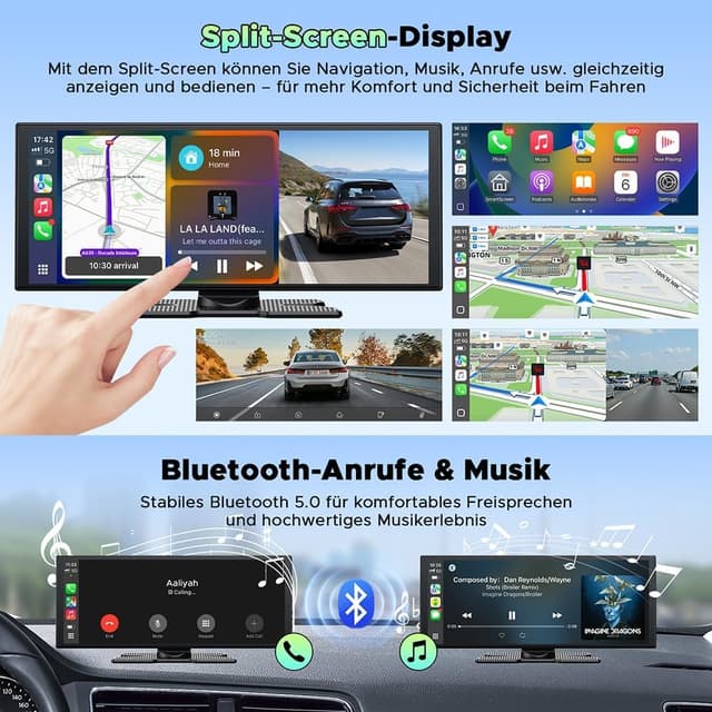 Detalle 2 de LAMTTO display wireless CarPlay/Android Auto da 10,25" con dashcam anteriore e posteriore (2,5K + 1080P) e assistente vocale