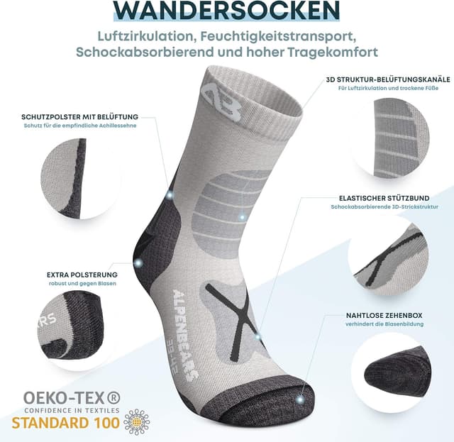 Detalle de Alpen Bears Calze trekking in lana merino premium (2 paia) per donna, uomo e bambino