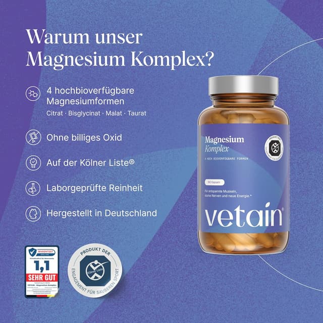 Detalle de VETAIN Magnesium Komplex – 4 hochbioverfügbare Magnesiumformen ohne Oxid, 180 Kapseln